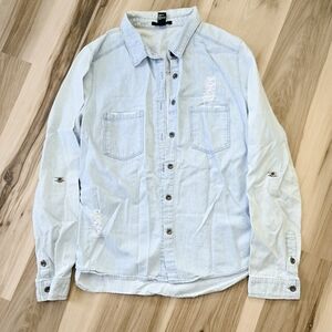 Forever21 Distress Light Denim Button-down Shirt Women's Size Large 100% Cotton
